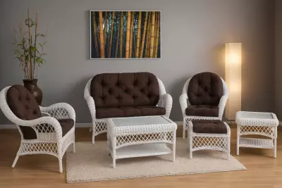Bílá ratanová sedací souprava Florida s hnědým polstrem